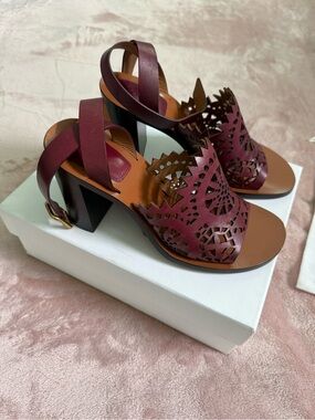 Chloe Women’s Burgundy Cutout Block Heel Sandals
